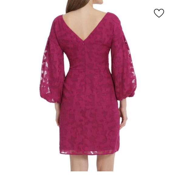 NEW Maggy London Fuchsia Lace Overlay Puff Sleeve Mini Dress | 8 - Picture 2 of 10